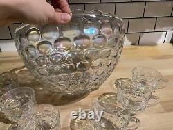 Vintage Federal Glass Iridescent Thumbprint Punch Bowl with 6 cups