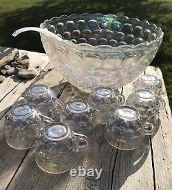 Vintage Federal Glass Iridescent Thumbprint Punch Bowl with 8 cups Gorgeous