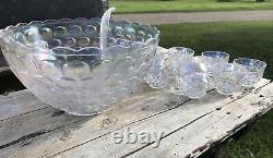 Vintage Federal Glass Iridescent Thumbprint Punch Bowl with 8 cups Gorgeous