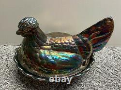 Vintage Fenton Amethyst Iridescent Carnival Glass Hen On Nest Covered Dish