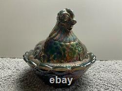 Vintage Fenton Amethyst Iridescent Carnival Glass Hen On Nest Covered Dish
