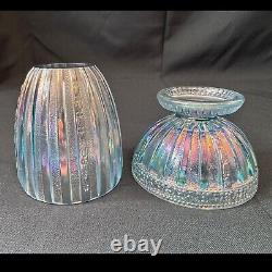 Vintage Fenton Blue Aqua Iridescent Tulip Fairy Lamp Carnival Glass 1990s