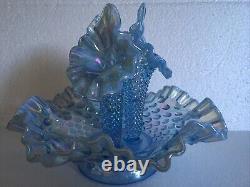 Vintage Fenton Blue Carnival 3 Horn Hobnail Opalescent Epergne