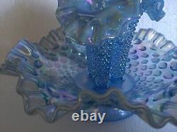 Vintage Fenton Blue Carnival 3 Horn Hobnail Opalescent Epergne