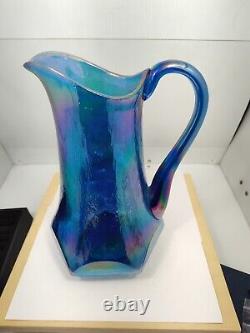 Vintage Fenton Blue Carnival Iridescent Glass Pitcher
