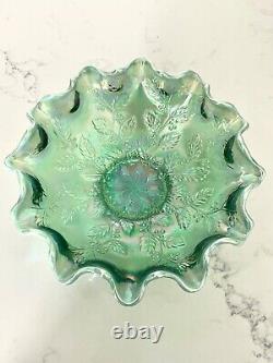 Vintage Fenton Blue Green Holly & Berries Bowl with Opalescent Ruffled Edge 8
