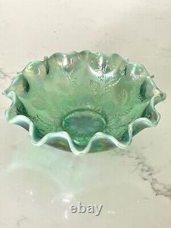 Vintage Fenton Blue Green Holly & Berries Bowl with Opalescent Ruffled Edge 8