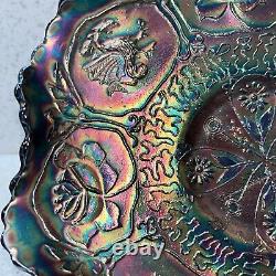 Vintage Fenton Blue Iridescent Carnival Art Glass Lotus & Dragon Ruffled Bowl