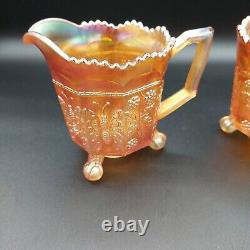 Vintage Fenton Butterfly & Berry Marigold Carnival Glass Creamer and Sugar Bowl
