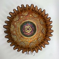 Vintage Fenton Captive Rose Carnival Glass bowl dish marigold green ribbon edge