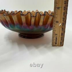 Vintage Fenton Captive Rose Carnival Glass bowl dish marigold green ribbon edge