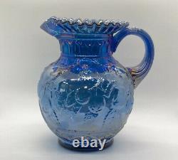 Vintage Fenton Carnival Glass Blue Iridescent Apple Tree Pitcher Ruffled Rim 9