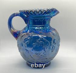 Vintage Fenton Carnival Glass Blue Iridescent Apple Tree Pitcher Ruffled Rim 9