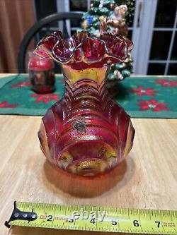 Vintage Fenton Carnival Glass Pink Iridescent Peacock Tail Vase