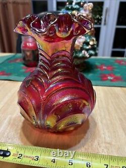 Vintage Fenton Carnival Glass Pink Iridescent Peacock Tail Vase