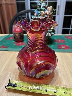 Vintage Fenton Carnival Glass Pink Iridescent Peacock Tail Vase