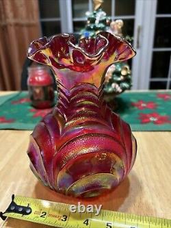 Vintage Fenton Carnival Glass Pink Iridescent Peacock Tail Vase