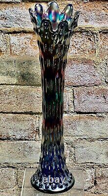 Vintage Fenton Carnival Glass Rustic 16.5 Flower Vase Iridescent Cobalt Blue