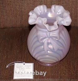 Vintage Fenton Carnival Opalescent Iridescent Pink Glass Ruffled Bow Vase USA