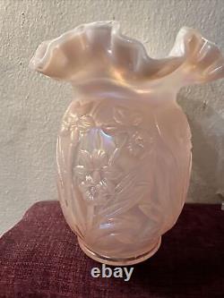Vintage Fenton Daffodil Vase Opalescent Pink Carnival Glass Ruffled Edge