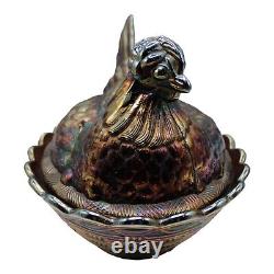 Vintage Fenton Electric Amethyst Iridescent Carnival Glass Hooded Hen On A Nest