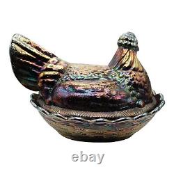 Vintage Fenton Electric Amethyst Iridescent Carnival Glass Hooded Hen On A Nest