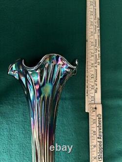 Vintage Fenton Fine Rib Carnival Glass Amethyst Vase Art Nouveau Approx. 16 Inch