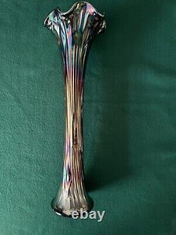 Vintage Fenton Fine Rib Carnival Glass Amethyst Vase Art Nouveau Approx. 16 Inch