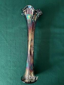 Vintage Fenton Fine Rib Carnival Glass Amethyst Vase Art Nouveau Approx. 16 Inch