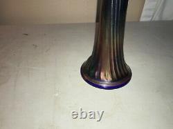 Vintage Fenton Fine Rib Cobalt Iridescent Carnival Glass Swung 18 Tall Vase