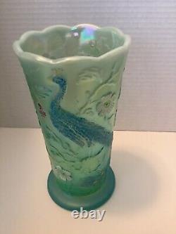 Vintage Fenton Glass Peacock Vase Teal Blue Carnival Iridescent (Fenton Label)