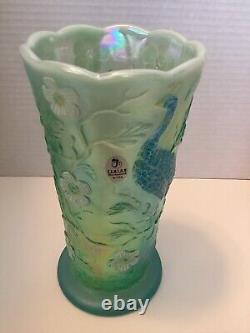 Vintage Fenton Glass Peacock Vase Teal Blue Carnival Iridescent (Fenton Label)