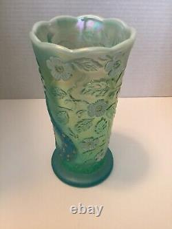 Vintage Fenton Glass Peacock Vase Teal Blue Carnival Iridescent (Fenton Label)