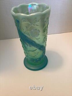 Vintage Fenton Glass Peacock Vase Teal Blue Carnival Iridescent (Fenton Label)