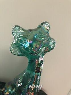 Vintage Fenton Glass Winking Alley Cat Figurine Carnival Iridescent Green 11