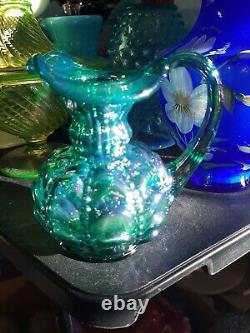 Vintage Fenton Green Carnival Beaded Iridized Pitcher! COLOR IS STUNNING! RARE