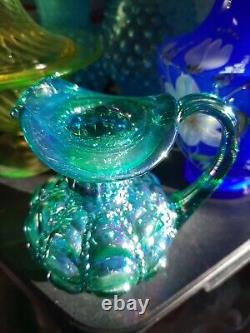 Vintage Fenton Green Carnival Beaded Iridized Pitcher! COLOR IS STUNNING! RARE