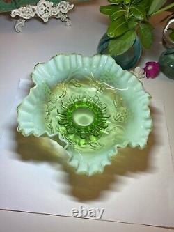 Vintage Fenton Green Opalescent Glass Ruffled Grape Footed Bowl