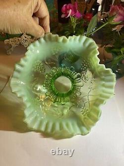 Vintage Fenton Green Opalescent Glass Ruffled Grape Footed Bowl