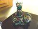 Vintage Fenton Hand Painted Iridescent Green Floral Glass Cats Figurines