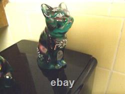 Vintage Fenton Hand Painted Iridescent Green Floral Glass Cats Figurines