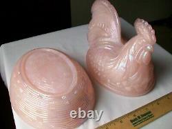 Vintage Fenton Hen Rooster On Nest Large 8 1/2 Shell Pink Iridescent Carnival