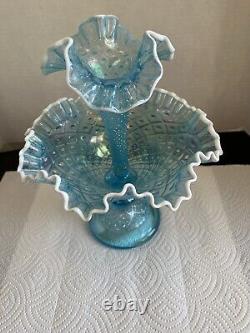 Vintage Fenton Ice Blue Carnival Style Single Horn Pedestal Epergne