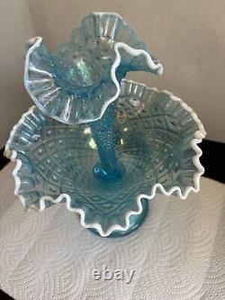 Vintage Fenton Ice Blue Carnival Style Single Horn Pedestal Epergne