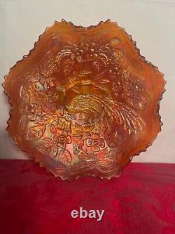 Vintage Fenton Iridescent Marigold Peacock and Urn Ruffled Sawtooth Edge Bowl