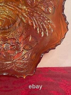 Vintage Fenton Iridescent Marigold Peacock and Urn Ruffled Sawtooth Edge Bowl