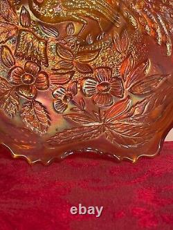 Vintage Fenton Iridescent Marigold Peacock and Urn Ruffled Sawtooth Edge Bowl