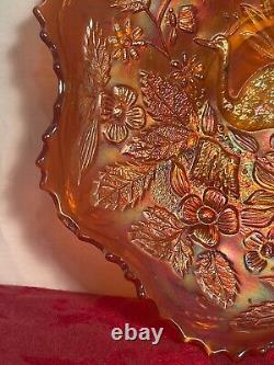 Vintage Fenton Iridescent Marigold Peacock and Urn Ruffled Sawtooth Edge Bowl