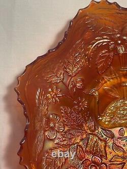 Vintage Fenton Iridescent Marigold Peacock and Urn Ruffled Sawtooth Edge Bowl