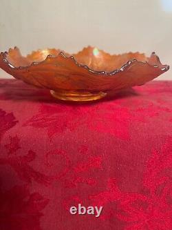 Vintage Fenton Iridescent Marigold Peacock and Urn Ruffled Sawtooth Edge Bowl